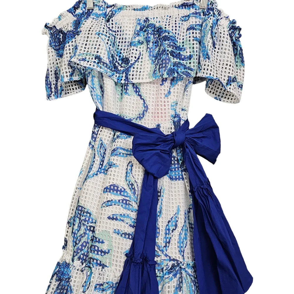 Nwt Lilly Pulitzer Sona White/Blue Floral Off Shoulder Tiered Mesh Midi Dress - Picture 8 of 17